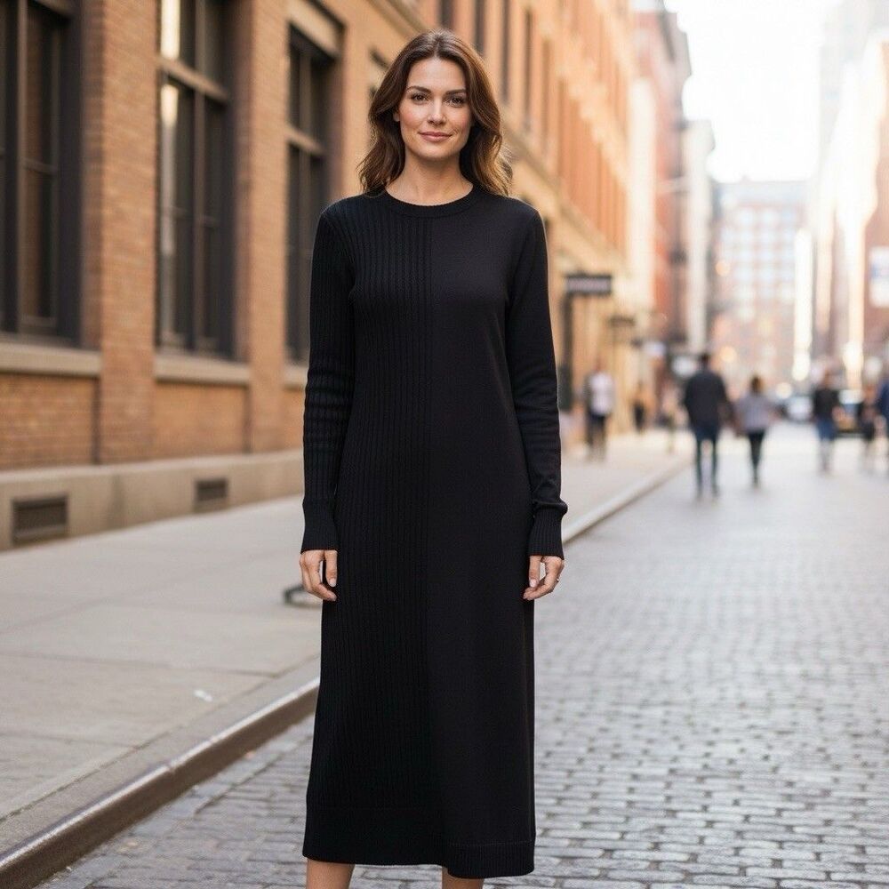Marina Moscone Patchwork Sweater Dress Womens Medium Black Wool‎ Silk Midi $325